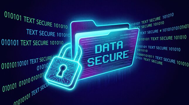 glowing neon padlock securing folder with data secure text against binary code background. cybersecurity, encryption and digital privacy concept. tech presentation, banner with copyspace.
