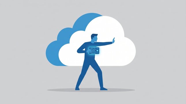 man silhouette with glowing circuit board on chest standing before clouds with stop gesture. cloud computing security, data protection concept. banner, website header, copyspace.