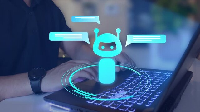 Intelligent AI assistant interacting with users through a chatbot interface.  Modern communication, automated customer service