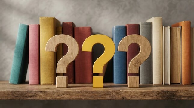 A collection of colorful books and inquisitive question marks representing a quest for knowledge.
