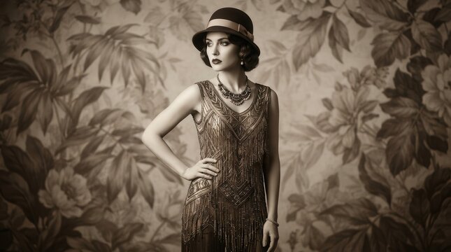 A beautiful woman wearing a 1920s flapper dress and cloche hat against a floral background.