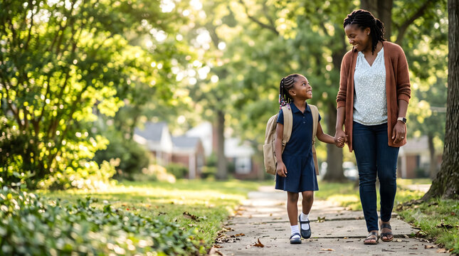 African American mother walks young daughter to school