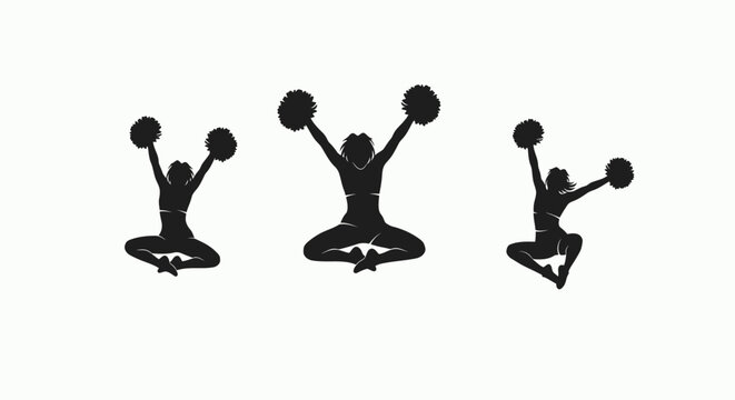 Black silhouette of three ballet dancers in mid leap.
