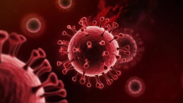 Close up view of virus particles in red with spike proteins showing virus infection and microscopic view of pathogens