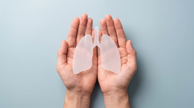 Cupped human hands holding translucent lungs cutout symbolizing respiratory health awareness with open hands