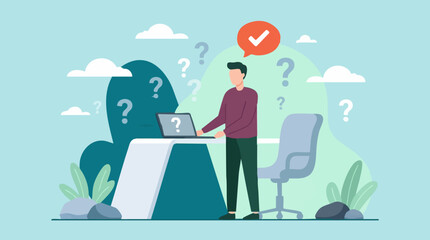 Fototapeta premium Conceptual image of man solving problems, reaching solution with laptop