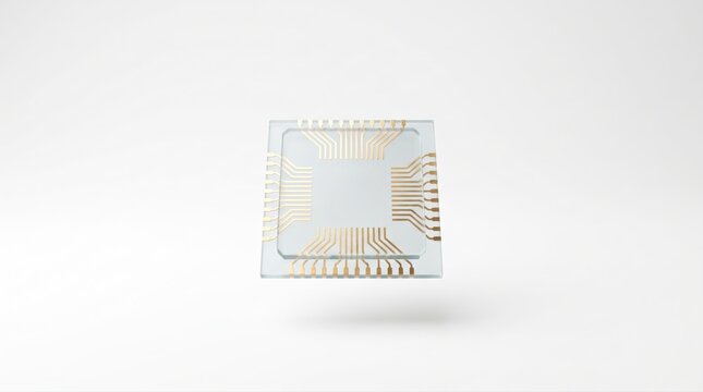 Microchip processor on white background. Compact electronic component for tech devices.