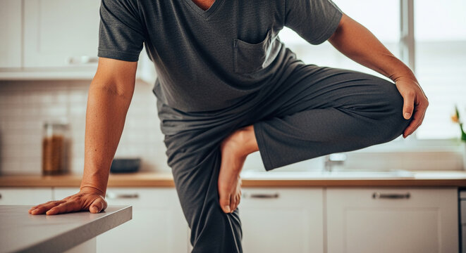Senior man suffering from knee joint pain in the kitchen at home, elderly person experiencing leg muscle cramp and stiffness in morning