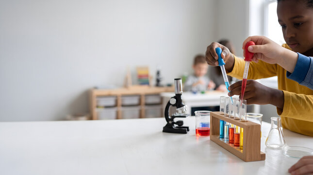 Young students conducting colorful chemistry experiments in a bright classroom