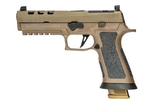 Modern tan handgun isolated on white