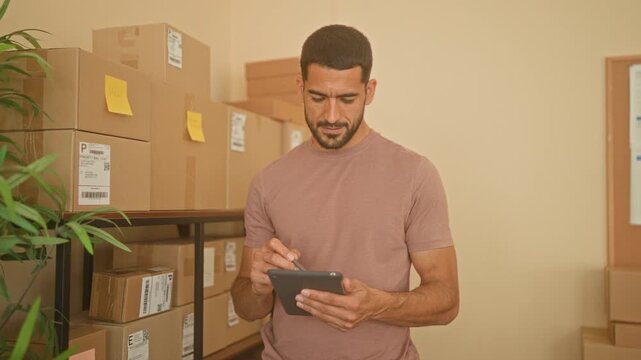 Man taps tablet with hands amid stacked parcels and shipping labels on shelving in a building; small business productivity.