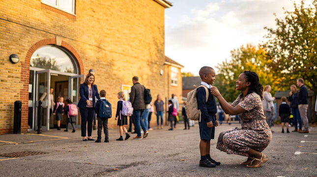 Mother and son first day of school morning routine