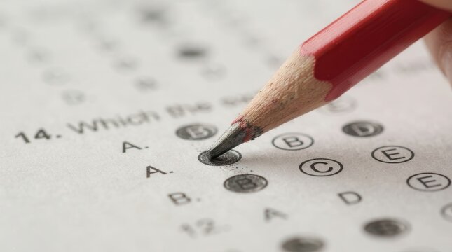 Close-up of a red pencil marking a choice on a multiple choice exam paper.