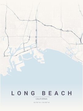 Modern Long Beach City Map Poster Design, Pastel Dream Style Urban Street Grid Cartography