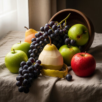 still life with assortment of fresh apples pears and grapes on a rustic linen cloth featuring a partially peeled pear