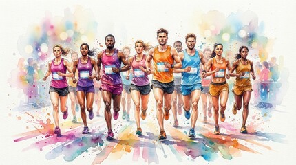 Obraz premium A dynamic watercolor painting of diverse runners competing in a marathon with bright colors.