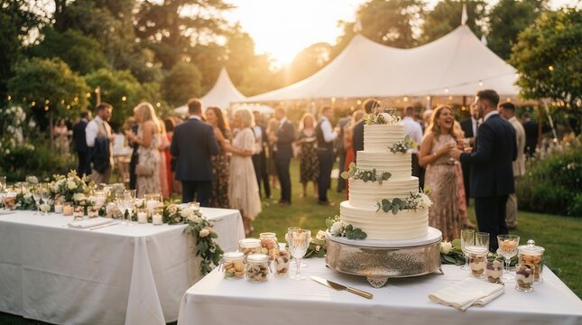Guests mingling under white tents during a beautiful outdoor event at sunset.