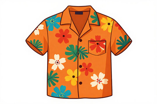Lively Hawaiian Shirt with Tropical Sticker Patterns Against a Bold Orange Backdrop, Inviting Fun and Celebration