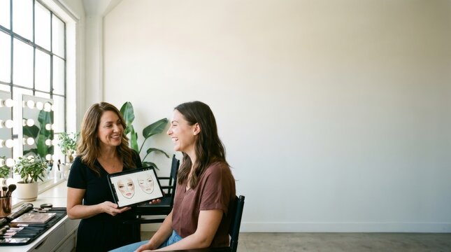 Makeup artist demonstrating creative makeup design to client in a well lit studio featuring minimalist decor