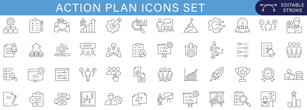 Action plan set of web icons in line style. Strategy action planning  icons for web and mobile app. Containing strategy, analysis, planning, strategy, analysis, tasks, goal, implementation and more