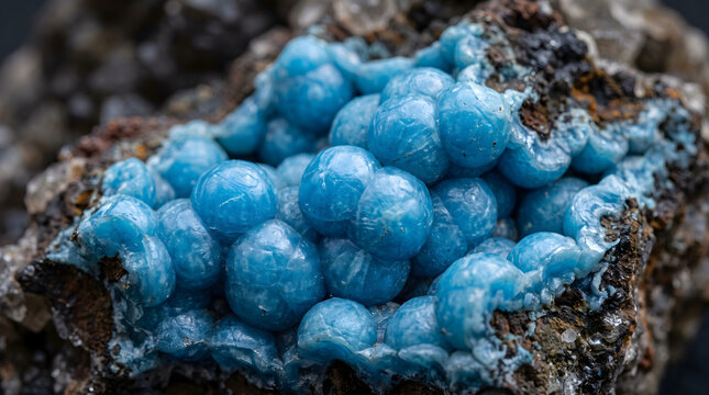 Macro Photography of Vibrant Blue Botryoidal Hemimorphite Mineral Crystals Formed within a Rough Geological Rock Formation
