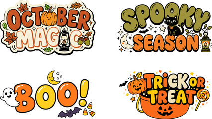 Fototapeta premium Set of colorful halloween typography designs featuring spooky season quotes and decorative autumn holiday elements for festive projects
