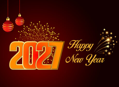 Golden Happy New Year 2027 Typography with Christmas Ornaments and Fireworks on Red Background
