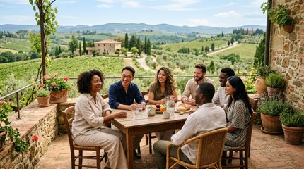 Obraz premium Diverse group of friends enjoying a meal together on a terrace with a scenic Tuscan landscape