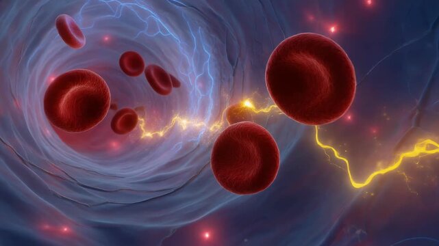 3D illustration of red blood cells flowing through a blood vessel with glowing electrical signals representing neural communication