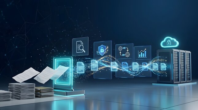Concept of digitizing paper documents into a digital stream passing through document analysis, security, processing, and analytics before entering secure cloud storage servers
