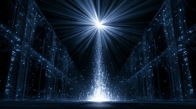 Abstract digital tunnel with glowing light particles and data stream in a futuristic cyberspace environment