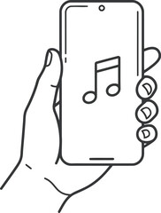 Fototapeta premium A hand holding a smartphone showing a music note symbol on the screen as a simple line art drawing