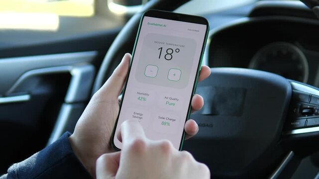 Modern smartphone application displays smart habitat analytics with climate control and energy savings, highlighting the future of connected sustainable homes.