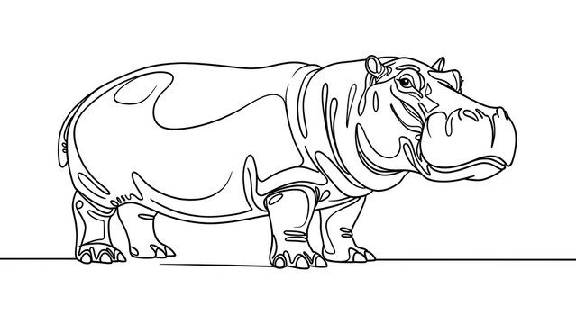 Hippopotamus line drawing on white background.