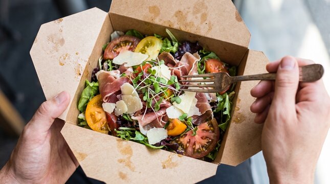 Person holding takeout salad box with fresh prosciutto greens tomatoes with being eaten metal fork nutrition