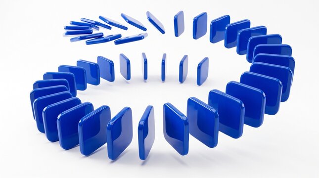 Blue domino tiles arranged in a spiral pattern standing upright on a flat surface representing a concept of business strategy and chain reaction sequence of events for success