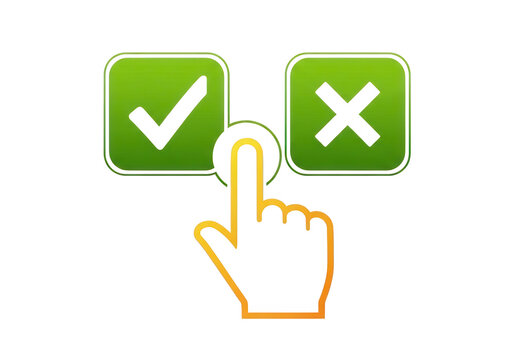 Interactive checkmark and cross icons with clicking hand, green approval and rejection buttons, digital feedback and decision making concept