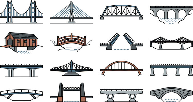 Architecture and civil engineering bridge icon collection featuring detailed line vector illustrations of suspension truss arch bascule stone drawbridge and beam bridges over rivers
