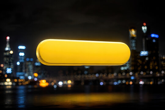 A digitally manipulated cityscape at night featuring a large yellow rectangular object resembling a sign or billboard against a densely populated urban skyline with illuminated buildings.