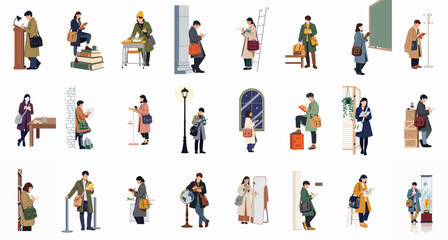 Fototapeta premium Large illustration set of diverse people in winter coats studying, reading, and taking notes in various academic and daily life settings.