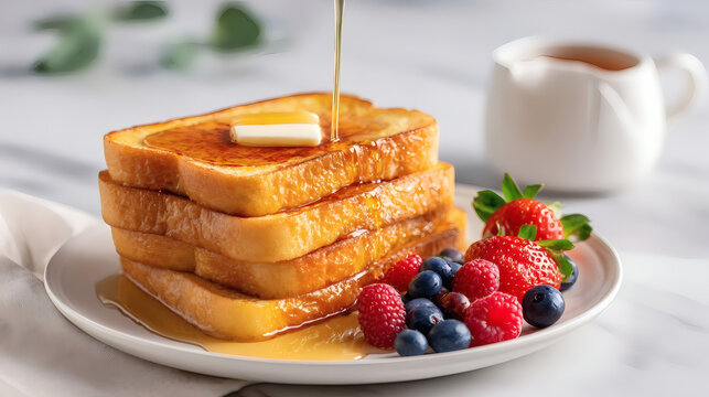 Stack of French toast topped with butter and maple syrup, served with fresh strawberries, raspberries, and blueberries. Delicious breakfast on a white plate.