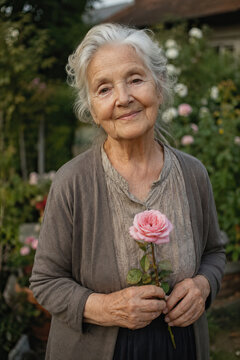 A serene portrait of an elderly woman holding a pink rose in a beautiful garden setting, capturing a moment of quiet contemplation and gentle beauty.