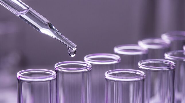 Clear liquid droplet dispensing from glass pipette into laboratory test tube array with row empty transparent