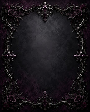 Ornate metallic frame with intricate scrollwork and dark purple floral motifs, creating a gothic aesthetic.