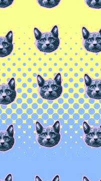 Seamless young vertical video of cartoon style cats with duotono colors isolated with copyspace. Stop motion minimal animal art halftone style background.
