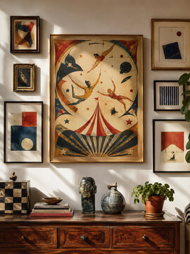 A serene interior scene showcases a wooden sideboard adorned with a black statue, a blue vase, and a potted plant, complemented by a collection of framed artworks on the wall.
