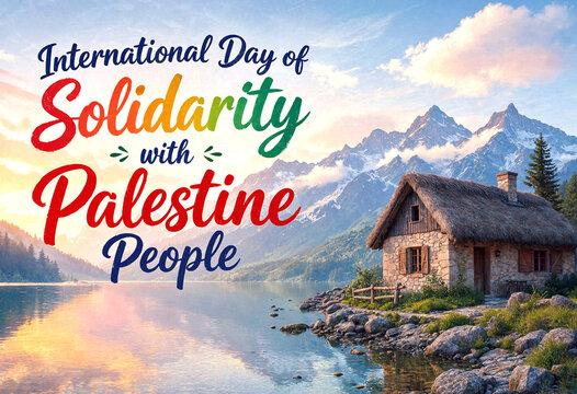 Beautiful serene mountain lake landscape with cabin celebrating international solidarity with palestine people in colorful text overlay
