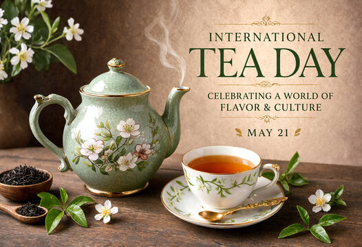 Beautiful vintage teapot and cup with floral design celebrating international tea day tradition and culture