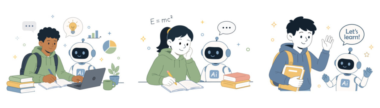 Vector Back to School Elements png. AI Education Cute Vector Sticker Set with Students, Robot Tutor, Online Learning.