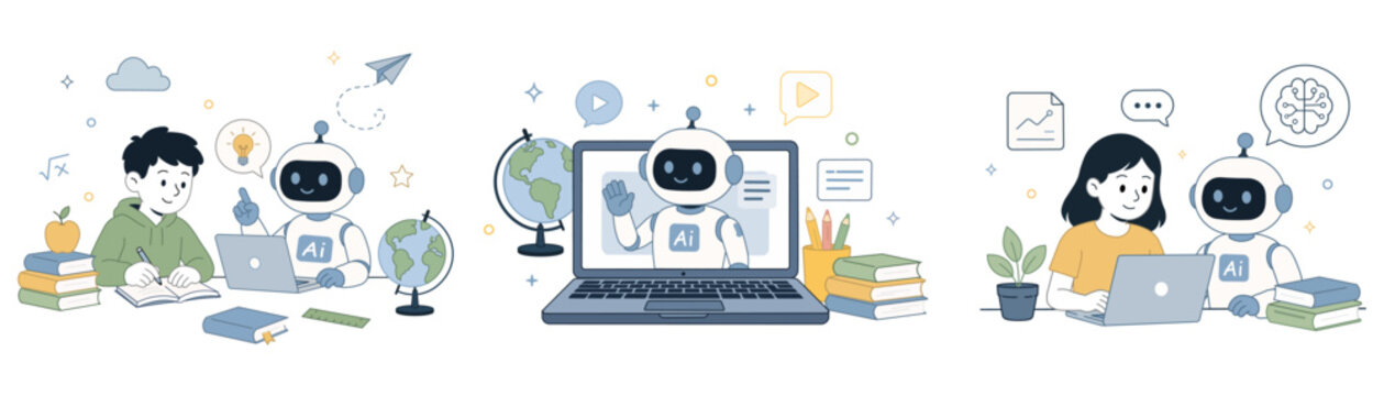 Vector Back to School Elements png. AI Education Cute Vector Sticker Set with Students, Robot Tutor, Online Learning.